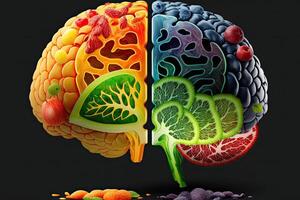 generativo ai illustrazione di umano cervello fatto di frutta e verdure. concetto di nutriente Alimenti per cervello Salute e memoria foto