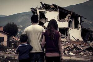 generativo ai illustrazione di un' famiglia in piedi nel davanti di crollo edifici la zona, naturale disastro o guerra vittima foto