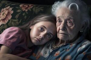 generativo ai illustrazione di americano grande nonna consolante adolescente ragazza, divano, posa nel giro foto