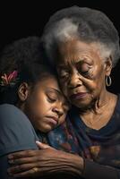 generativo ai illustrazione di africano americano grande nonna consolante adolescente ragazza, divano, posa nel giro foto