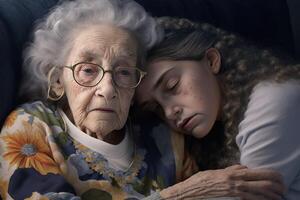 generativo ai illustrazione di americano grande nonna consolante adolescente ragazza, divano, posa nel giro foto