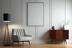 generativo ai illustrazione di poltrona, caffè tavolo, legna pannello, pavimento lampada, e vuoto parete nel moderno minimalista camera. finto su per un illustrazione. foto