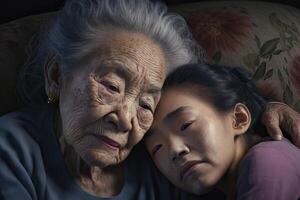 generativo ai illustrazione di asiatico grande nonna consolante adolescente ragazza, divano, posa nel giro foto