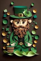 generativo ai illustrazione di capriccioso irlandesi cartone animato, sharock, birra, verde, pentola di oro, contento st patrick giorno, quilling carta tagliare arte foto