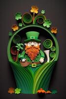 generativo ai illustrazione di capriccioso irlandesi cartone animato, sharock, birra, verde, pentola di oro, contento st patrick giorno, quilling carta tagliare arte foto