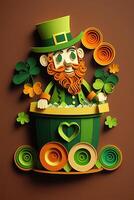 generativo ai illustrazione di capriccioso irlandesi cartone animato, sharock, birra, verde, pentola di oro, contento st patrick giorno, quilling carta tagliare arte foto