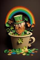 generativo ai illustrazione di capriccioso irlandesi cartone animato, sharock, birra, verde, pentola di oro, contento st patrick giorno, quilling carta tagliare arte foto