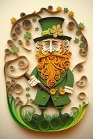 generativo ai illustrazione di capriccioso irlandesi cartone animato, sharock, birra, verde, pentola di oro, contento st patrick giorno, quilling carta tagliare arte foto