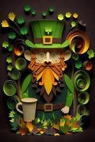 generativo ai illustrazione di capriccioso irlandesi cartone animato, sharock, birra, verde, pentola di oro, contento st patrick giorno, quilling carta tagliare arte foto