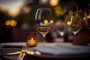 generativo ai illustrazione di un' ristorante tavolo con un' bicchiere di bianca vino, morbido d'oro luce, costoso ristorante con bellissimo luci, all'aperto e notte foto