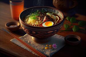 generativo ai illustrazione di il maggior parte delizioso giapponese ramen, soia salsa ramen nel Maiale osso brodo foto