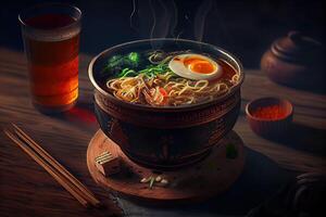 generativo ai illustrazione di il maggior parte delizioso giapponese ramen, soia salsa ramen nel Maiale osso brodo foto