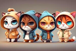 generativo ai illustrazione di 3d ombroso gruppo di chibi gatto con largo testa e carino viso nel Abiti ritratto foto