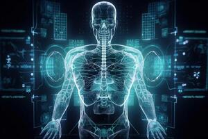 assistenza sanitaria e medicinale, virus, medico e robotica ricerca diagnosticare virtuale umano polmoni con virus diffusione dentro ai generativo foto