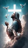 illustrazione di Gesù preghiere circondato di colombe su un' nube, generativo ai foto