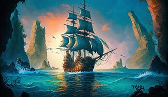 illustrazione di un' classico pirata nave andare in barca il oceano nel il in ritardo pomeriggio, generativo ai foto