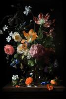 bellissimo mazzo di colorato fiori su nero sfondo nel Vintage ▾ stile. festivo fiori concetto con copia spazio. .creato con generativo ai foto