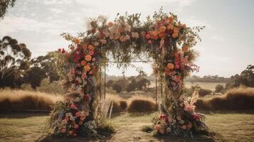 generativo ai, nozze cerimonia boho rustico stile arco con fiori e impianti, fiore mazzi di fiori. foto