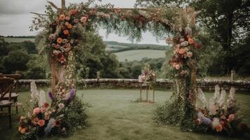 generativo ai, nozze cerimonia boho rustico stile arco con fiori e impianti, fiore mazzi di fiori. foto