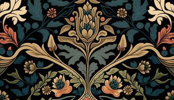 generativo ai, floreale colorato modello. William morris ispirato naturale impianti e fiori sfondo, Vintage ▾ illustrazione. popolare stile foto