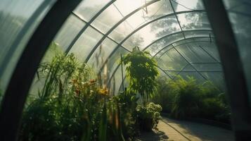 generativo ai, verde Casa a partire dal il bicchiere, tenda-vetro giardino con un' lotto di impianti. fotorealistico effetto. foto