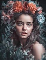 un' bellissimo ragazza indossare fiore corona illustrazione vettore generativo ai foto