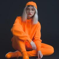 un' freddo ragazza nel arancia vestito generativo ai foto