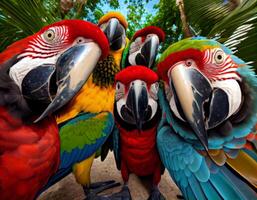 carino superbo colorato ara pappagallo gruppo assunzione autoscatto Immagine generativo ai foto