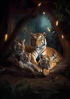ritratto di tigre famiglia seduta insieme nel loro casa generativo ai foto