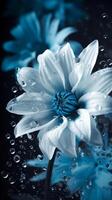 bellissimo bianca bagnato fiori con blu sfondo generativo ai foto