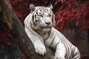 bellissimo bianca tigre seduta su il rosso fiori albero generativo ai foto