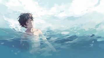 un' giovane ragazzo nuoto nel il mare anime Immagine generativo ai foto