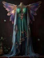 un' fantasia angelo vestito con viola e blu Ali generativo ai foto