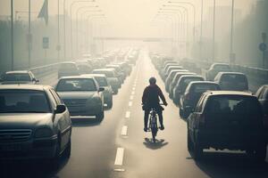 un evocativo Immagine di un' ciclista equitazione generativo ai foto