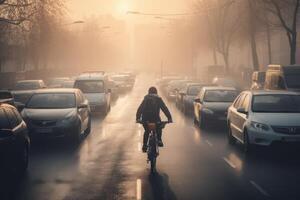 Immagine di un' ciclista equitazione su un' strada generativo ai foto