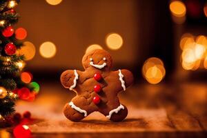 Natale Pan di zenzero biscotti con glassatura zucchero su il sfondo di il Natale albero. Pan di zenzero uomo. generativo ai foto