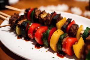 un' piatto con shish kebab su un' di legno tavolo. carne bastoni. generativo ai foto