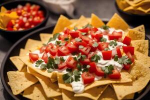 tradizionale messicano tacos con manzo, pomodoro, cipolla e salsa. messicano nachos generativo ai foto