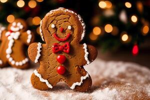 Natale Pan di zenzero biscotti con glassatura zucchero su il sfondo di il Natale albero. Pan di zenzero uomo. generativo ai foto