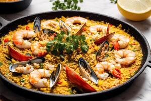 paella, tradizionale spagnolo piatto fatto con Riso, pollo e la verdura, servito nel un' padella. paella con frutti di mare. spagnolo cucina. generativo ai foto