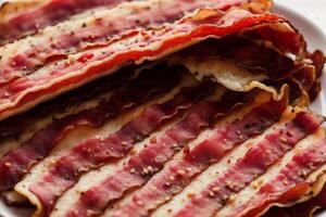delizioso fette di affumicato Bacon su un' di legno tavolo. generativo ai foto