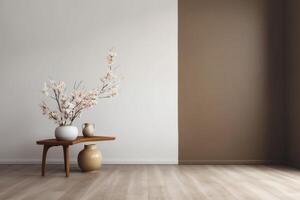 ai generato interno Visualizza con pentola, le foglie e mobilia nel asiatico stile foto