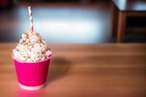 delizioso ghiaccio crema nel un' tazza, avvicinamento, su il tavolo. dolce cibo. generativo ai foto