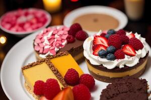 assortimento di torte con diverso otturazioni su un' di legno tavolo. fatti in casa torta. generativo ai foto