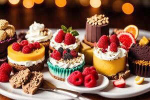 assortimento di torte con diverso otturazioni su un' di legno tavolo. fatti in casa torta. generativo ai foto