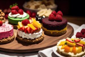 assortimento di torte con diverso otturazioni su un' di legno tavolo. fatti in casa torta. generativo ai foto