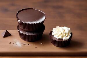 cioccolato barre e cioccolato pezzi su un' di legno sfondo, dolce cibo. cioccolato torta, Tiramisù torta. generativo ai foto