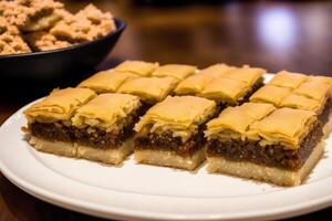 tradizionale Turco dolce baklava con anacardi, Noci. fatti in casa baklava con noccioline e Miele. generativo ai foto