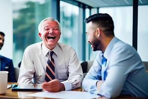 vecchio uomo d'affari ridendo nel un' incontro con altro uomo d'affari nel un' ufficio ai generativo foto