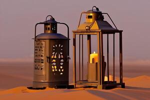 Due lanterne siamo seduta nel il deserto e uno è illuminato su. ai generativo foto